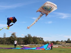 Giant kites and giant bubbles over took the skies during the Lucknow Kite Flying display from Sept. 30 to Oct. 1, 2017 at Graceland in Lucknow. All different colours, shapes and sizes of kites were on display for the public to see. Spectators watch for hours as the kites took the sky and a special kite that honoured fallen Canadian soldiers found it's way to Lucknow Ontario. Pictured: A little bit of wind is all it took to set sail to the giant kites at the Lucknow Kite Flying display. (Ryan Berry/ Kincardine News and Lucknow Sentinel)