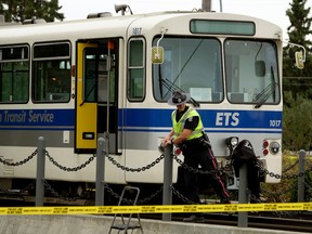 Police are investigating a fatal accident between an Edmonton Transit LRT train and a pedestrian at 113 Street near 60 Avenue on Friday October 6, 2017. A male victim was killed when he was struck by the passenger train. (PHOTO BY LARRY WONG/POSTMEDIA)
