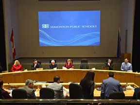 Edmonton Public school board trustees during a board meeting