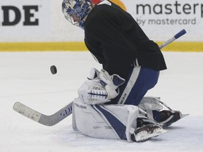 Frederik Andersen makes saves during Leafs practice at the MasterCard Centre yesterday. (Stan Behal/Toronto Sun)