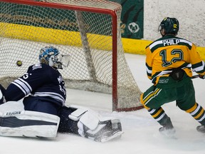 The Alberta Golden Bears' Jamie Crooks (not pictured) short-handed goal gets past the Mount Royal Cougars' Wyatt Hoflin (35) during first period Canada West action at Clare Drake Arena, in Edmonton Friday Oct. 6, 2017. Luke Philp (12) got an assist on the play.