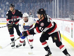 Filip Chlapik of the Belleville Senators moves the puck during opening-night action Friday in Laval. (Belleville Senators photo)