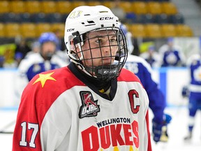 Wellington Dukes captain Colin Doyle had a goal and an assist in a 5-3 win over Stouffville Friday night at Essroc Arena. (Abhinav Nirula/OJHL Images)