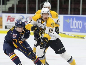 Sarnia Sting's Anthony Salinitri (10) protects the puck from Barrie Colts' Alexey Lipanov (17) in the first period at Progressive Auto Sales Arena in Sarnia, Ont., on Friday, Oct. 6, 2017. (MARK MALONE/Postmedia Network)