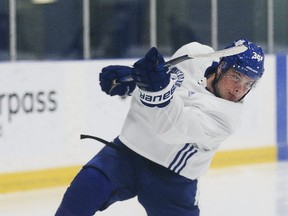 Auston Matthews in action during the Toronto Maple Leafs' practice at the MasterCard Centre in Etobicoke on Friday, Oct. 6, 2017. (Stan Behal/Toronto Sun)