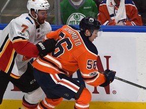 Kailer Yamamoto, seen here int the Oilers season opener against the Calgary Flames, won't be in the lineup for Saturday's game against the Canucks. (Ed Kaiser)