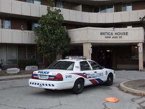 Several people have been severely injured after, what Toronto Police are describing as, and assault on a family in an apartment building on Jane St. at Steeles Ave. (VICTOR BIRO/Special to the Sun)