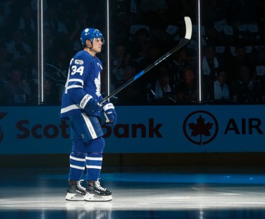Toronto Maple Leafs Auston Matthews hits the ice during introductions  in Toronto on Saturday October 7, 2017. Jack Boland/Toronto Sun/Postmedia Network
