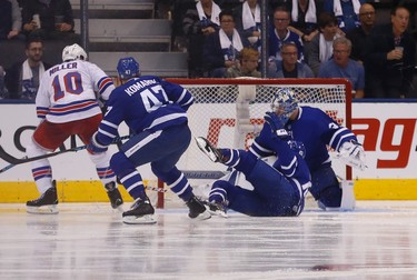 New York Rangers J.T. Miller LW (10) just misses against Toronto Maple Leafs�Frederik Andersen G (31) in the third period in Toronto on Saturday October 7, 2017. Jack Boland/Toronto Sun/Postmedia Network