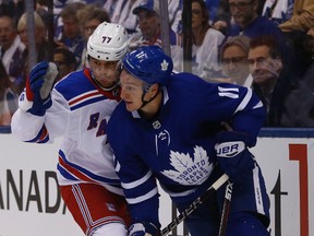 Zach Hyman (right) had his first two-goal game in the NHL on Saturday night against the New York Rangers.(Jack Boland/Toronto Sun)