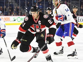 Belleville Senators captain Mike Blunden carries the puck during AHL action Saturday night in Laval. (Belleville Senators photo)