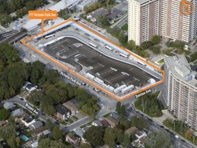 From buildtoronto.ca, corner perspective rendering of retail concept proposed for Victoria Park subway station parking lot (2013)