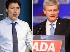 Prime Minister Justin Trudeau (left) and former Prime Minister Stephen Harper (right) will be in Washington, D.C., on the same day this week to talk about NAFTA. (Larry Wong/Lyle Aspinall/Postmedia Network/Files)