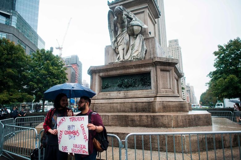 Christopher Columbus statue vandalized with red paint on Columbus Day ...