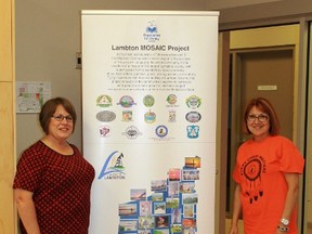 The Lambton Mosaic Project's Vicky Ducharme and Aamjiwnaang First Nation Chief Joanne Rogers unveil the mosaic at the Aamjiwnaang Community Centre on Sept. 29.
CARL HNATYSHYN/SARNIA THIS WEEK