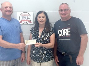 Donna Moffat, a committee member of the 2018 Lucknow Reunion and a former Lucknow & District High School student is shown presenting a cheque in the amount of $400 to the Co-chairs of the 2018 Lucknow Reunion, Luke Smith, left and Glen Gibson, right. The organizers of the Lucknow & District High School Reunion, which had been held every two years, decided not to hold a 2018 school reunion as it would have coincided with the 2018 Lucknow Reunion. The donation was proceeds from the last reunion, held at the farm of Barry and Gladys Johnston, in September 2016.
