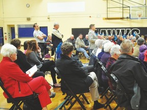 Local residents line up to ask questions Oct. 4 of the seven candidates vying for the six seats on the Town of Vulcan’s council. The Vulcan and District Chamber of Commerce organized the forum, which took place at the Cultural-Recreational Centre.