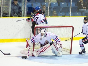 The Sarnia Legionnaires host the Chatham Maroons on Thursday at the Brock Street arena. This photograph, taken during the team's last outing, shows action around the net of goalie Will Barber. (Photograph courtesy of Shawna Lavoie)