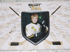 Lucknow's Brandon Metske will be remembered with a day of hockey at the Lucknow Recreation Centre on Saturday Oct. 14, 2017. Games begin Saturday morning at 11:15am and run through until the Lucknow Lancers first home game of the season at 7:30pm against the Elora Rocks. A social room will include a potluck, silent auction and opportunity for all to gather and celebrate Brandon Metske's memory with Lucknow Minor Hockey. Pictured: A dedication to Brandon Metske forever takes it's place in the Lucknow Arena home bench in honour of Lucknow's Minor Hockey heroes.