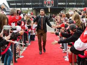 Erik Karlsson of the Ottawa Senators walks the red carpet prior to the start of a game against the Detroit Red Wings at Canadian Tire Centre on Oct. 7, 2017. (Jana Chytilova/Freestyle Photography/Getty Images)