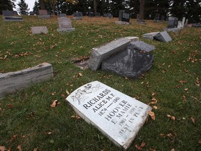 Around 50 headstones were vandalized at Mount Pleasant Cemetery in south Edmonton. Photo taken Oct. 10, 2017.