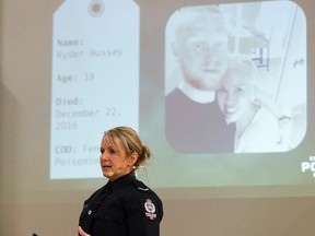 Cst. Cherie Jerebic speaks during a presentation on the dangers of Fentanyl to all 670 students at Mother Margaret Mary High School on Tuesday October 10, 2017 in Edmonton.  The presentation is In partnership with the Edmonton Police Service. Greg  Southam / Postmedia