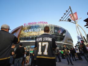 Fans arrive for the Golden Knights' inaugural regular-season home opener against the Arizona Coyotes at T-Mobile Arena on Oct. 10, 2017 in Las Vegas. (Bruce Bennett/Getty Images)