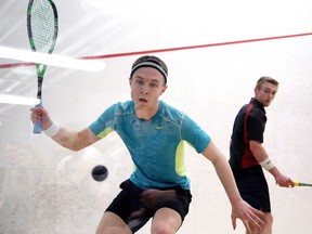 Sudbury's Mike McCue gets set to return the ball during the Professional Squash Association (PSA) Northern Open being held at the YMCA this in Sudbury, Ont. on Wednesday, April 19, 2017. McCue's match was against fellow Canadian Joshua Hollings. Gino Donato/Sudbury Star/Postmedia Network