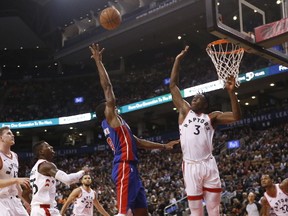 Toronto Raptors' OG Anunoby goes to block a shot as the Raptors beat the Detroit Pistons in a pre-season NBA game at the Air Canada Centre in Toronto on Oct. 10, 2017. (Michael Peake/Toronto Sun/Postmedia Network)