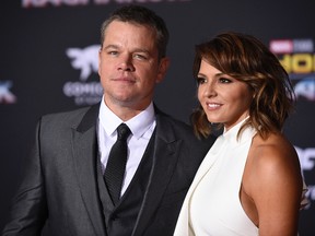 Matt Damon, left, and Luciana Barroso arrive at the world premiere of "Thor: Ragnarok" at the El Capitan Theatre on Tuesday, Oct. 10, 2017, in Los Angeles. (Photo by Chris Pizzello/Invision/AP)