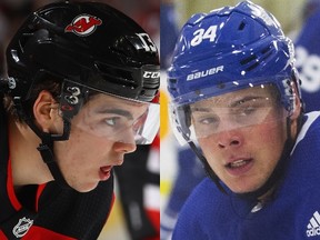 New Jersey Devils Nico Hischier and Maple Leafs Auston Matthews go head-to-head on Oct. 11, 2017 at the ACC in Toronto. (Getty Images and Toronto Sun)