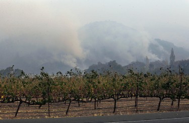 Plumes of smoke rise from a mountain behind a vineyard at Chateau St. Jean in Kenwood, Calif., Tuesday, Oct. 10, 2017. (AP Photo/Jeff Chiu)