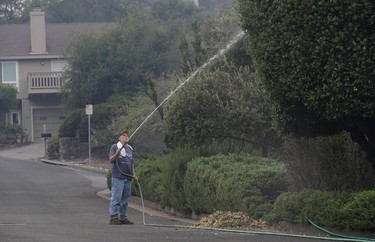 Leonard George sprays down trees in front of his house in the Oakmont area of Santa Rosa, Calif., Tuesday, Oct. 10, 2017. (AP Photo/Jeff Chiu)