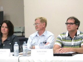 Woodlands County council candidates for Division 2 and Division 3 debated at an election forum on Oct. 6. From left to right, Division 3 candidates Tina Prodaniuk (left), Ron Govenlock and Alan Deane (Joseph Quigley | Whitecourt Star).