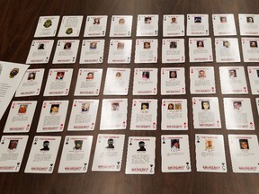Playing cards featuring unsolved and unidentified homicides or missing person cases are displayed at Oklahoma State Bureau of Investigation headquarters in Oklahoma City, Wednesday, Oct. 11, 2017. (AP Photo/Ken Miller)