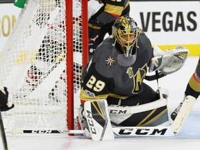 Marc-Andre Fleury of the Vegas Golden Knights tends net against the Arizona Coyotes during the Golden Knights' inaugural regular-season home opener at T-Mobile Arena on Oct. 10, 2017. (Bruce Bennett/Getty Images)