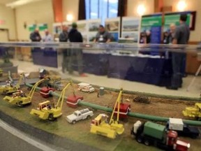 A model of a pipeline construction on display in Brinston, Ont., one of the communities where TransCanada held information sessions on the Energy East pipeline for local residents. (Dave Chan for National Post)