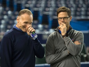 Toronto Blue Jays president Mark Shapiro with GM Ross Atkins before a playoff game against the Cleveland Indians in Toronto on Oct. 18, 2016. (Craig RobertsonToronto Sun/Postmedia Network)
