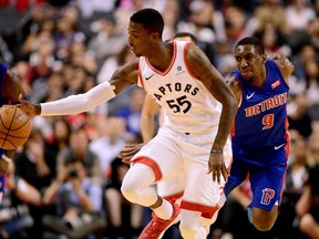 Toronto Raptors guard Delon Wright makes a steal during NBA action against the Detroit Pistons in Toronto on Oct. 10, 2017. (THE CANADIAN PRESS/Frank Gunn)