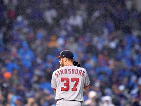 Stephen Strasburg of the Washington Nationals pitches in the seventh inning during Game 4 of the National League Division Series against the Chicago Cubs at Wrigley Field on October 11, 2017. (Stacy Revere/Getty Images)