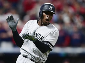 Yankees' Didi Gregorius runs the bases after hitting a solo home run off Indians starting pitcher Corey Kluber during the first inning of Game 5 of the AL Division Series in Cleveland on Wednesday, Oct. 11, 2017. (David Dermer/AP Photo)