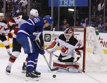 Matt Martin looks for the puck as the Toronto Maple Leafs were beaten 6-3 by the New Jersey Devils at the Air Canada Canada Centre in Toronto on Wednesday October 11, 2017. (Michael Peake/Toronto Sun)