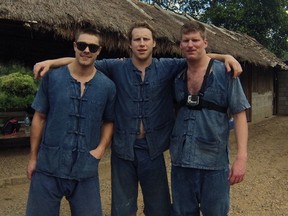 Sam Hurl in Thailand with former teammate Graig Newman and friend Brand Chiasson. (HANDOUT)