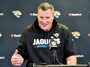 Jacksonville Jaguars head coach Doug Marrone takes questions at a news conference after an NFL football game against the Pittsburgh Steelers on Oct. 8, 2017, in Pittsburgh. (AP Photo/Don Wright)