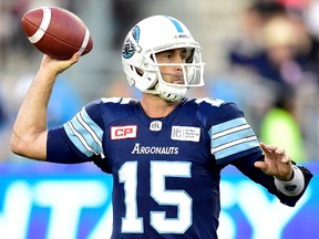 Toronto Argonauts quarterback Ricky Ray (15) looks for the pass during second half CFL football action against the Saskatchewan Roughriders, in Toronto on Saturday, October 7, 2017.
