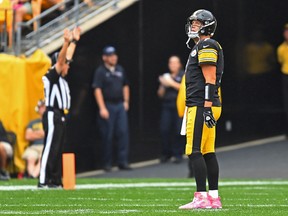 Ben Roethlisberger of the Pittsburgh Steelers reacts after throwing an interception that was returned for a touchdown during an NFL game against the Jacksonville Jaguars at Heinz Field on Oct. 8, 2017. (Joe Sargent/Getty Images)