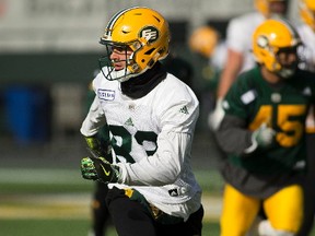 Brandon Zylstra (83) runs a route during an Edmonton Eskimos practice on Thursday October 12, 2017 in Edmonton.