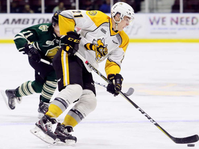 Adam Ruzicka (21) of the Sarnia Sting plays against the London Knights in an OHL exhibition game at Progressive Auto Sales Arena in Sarnia, Ont., on Saturday, Sept. 2, 2017. (MARK MALONE/Postmedia Network)