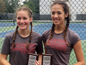 Amelie Schmidt, left, and Lexi Graham of Lambton Central are the 2017 LKSSAA girls' doubles tennis champions. (Contributed Photo)