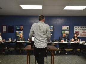 In this June 7, 2017 photo provided by Joseph Kissel, William Crago speaks before the North Tonawanda school board in North Tonawanda, N.Y., to focus their attention on the issue of bullying at the middle school. (Joseph Kissel/Niagara News Source via AP)